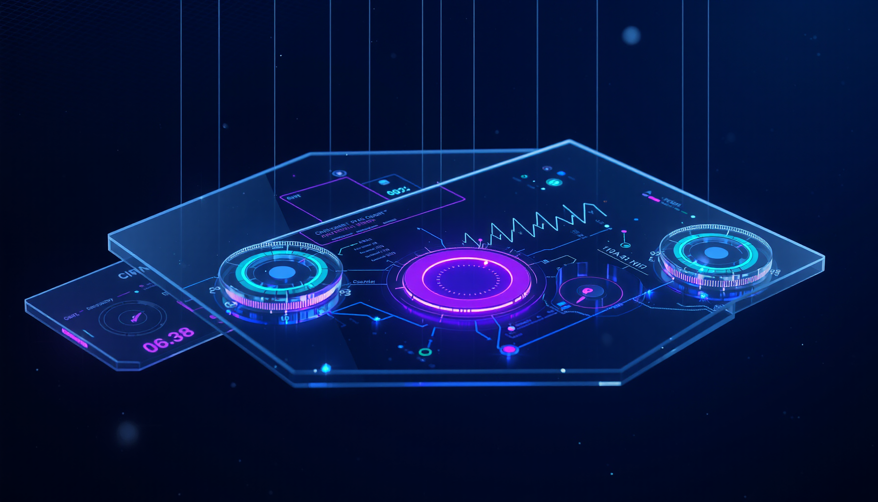 PersonalCFO command center — holographic financial dashboard with live net worth, cash flow, and multi-entity analytics